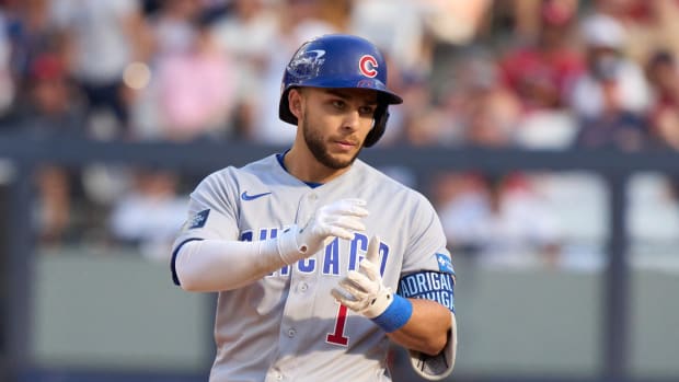 Jun 25, 2023; London, GBR, ENG; Chicago Cubs third baseman Nick Madrigal (1) reacts during the eighth inning against the Chicago Cubs during London series game two at London Stadium. Mandatory Credit: Peter van den Berg-USA TODAY Sports